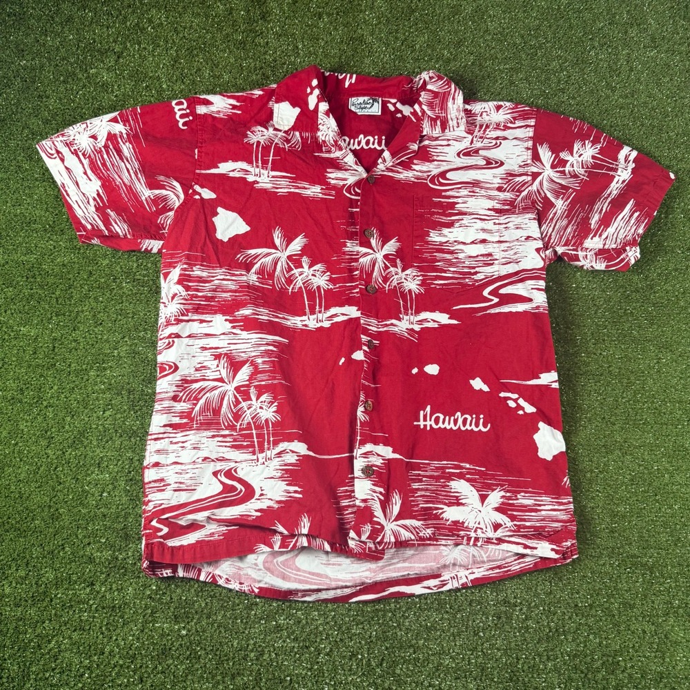 Paradise Style Hawaii Shirt Mens XL Red White Tropical Palm Tree Aloha Button Up